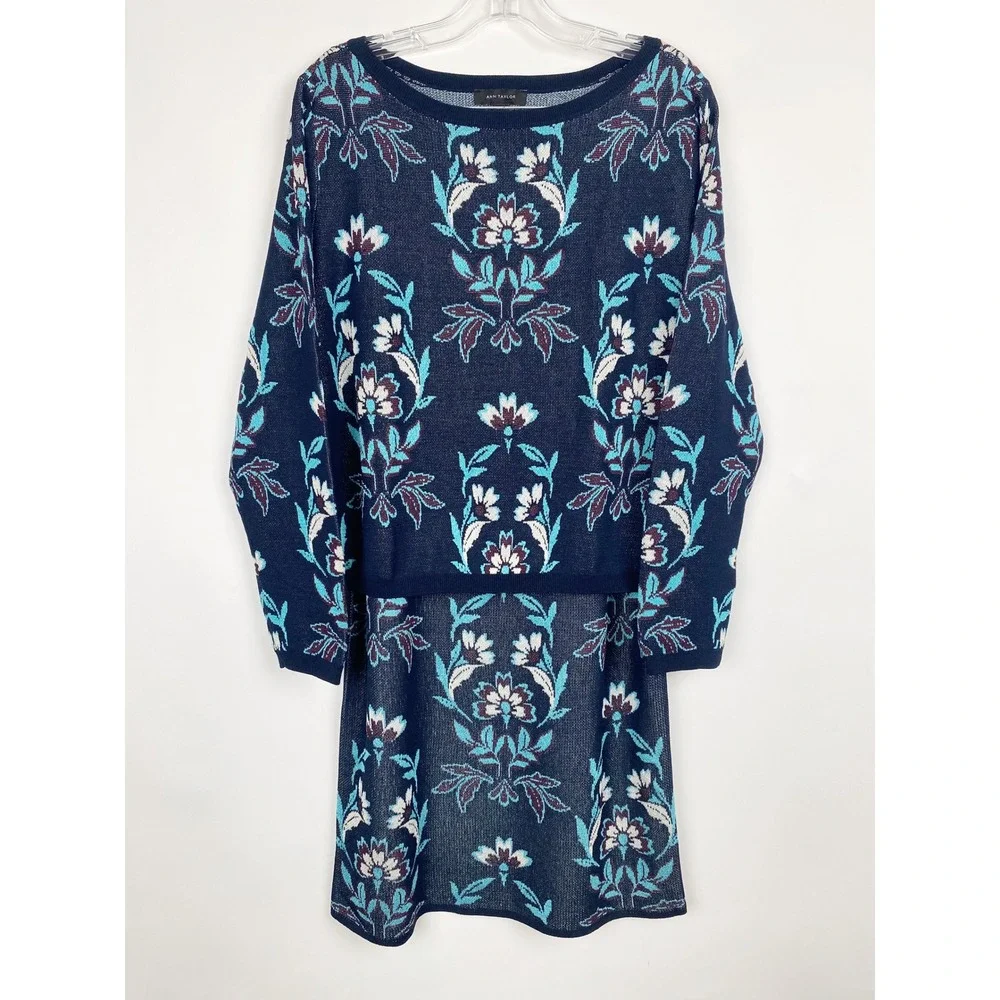 Ann Taylor Floral Jacquard Knit Sweater Skirt 2 Piece Set Womens L Navy NEW